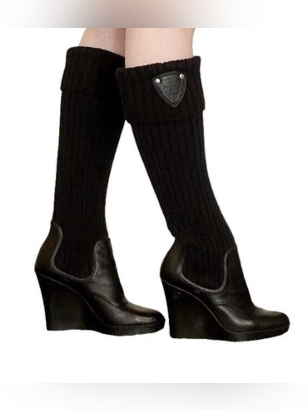 Gucci Black Knit Boot Cuffs Leather crest logo 38 7.5